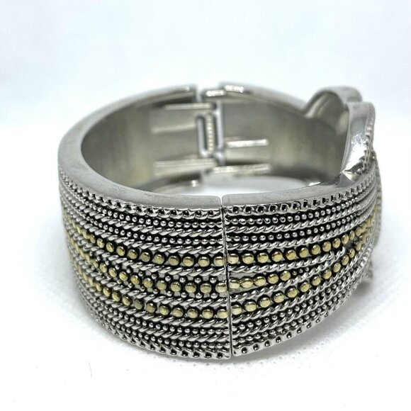 Knot Braided Clamper Bangle Bracelet Silver Tone & Gold Accent Filigree Jewelry - Picture 3 of 7